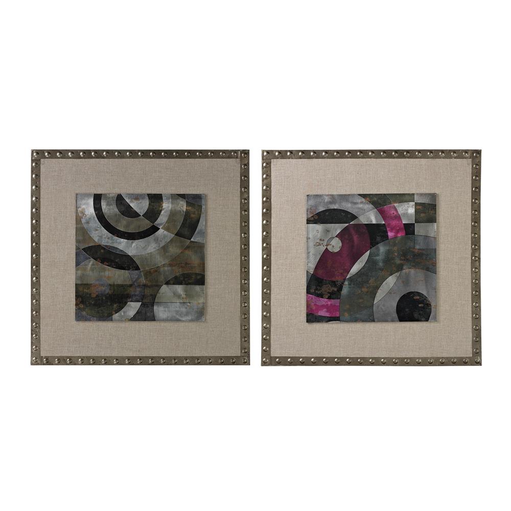 ELK Home 26-8683/S2 Mersey-Contemporary Print On Aluminium Set In Linen And Nail Head Surround in Silver / Grey / Cerise / Green On Linen Set On Soft Antique Gold Frame